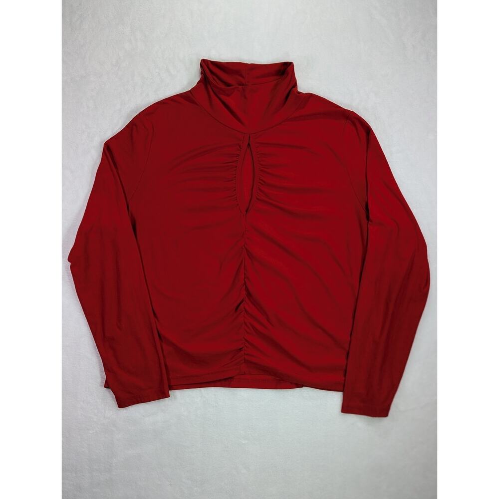 Feathers Size 2X Red Mockneck Keyhole Ruched Long Sleeve Blouse